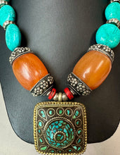 Load image into Gallery viewer, Tibetan Silver Brass Turquoise Chip Pendant on Dyed Stone &amp; Wood Bead 21" Necklace (As-Is)
