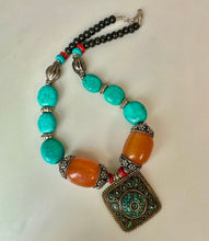 Load image into Gallery viewer, Tibetan Silver Brass Turquoise Chip Pendant on Dyed Stone &amp; Wood Bead 21" Necklace (As-Is)

