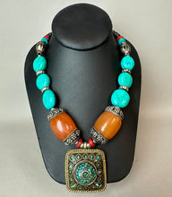 Load image into Gallery viewer, Tibetan Silver Brass Turquoise Chip Pendant on Dyed Stone &amp; Wood Bead 21" Necklace (As-Is)
