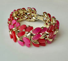 Load image into Gallery viewer, Vintage Claudette Pink &amp; Red Thermoset Goldtone Wide Link Bracelet (7")

