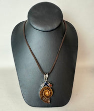 Load image into Gallery viewer, Sterling Ammonite Fossil Amethyst Pearl Carnelian 2.25" Pendant on 22' Brown Suede Cord Necklace
