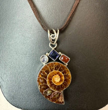 Load image into Gallery viewer, Sterling Ammonite Fossil Amethyst Pearl Carnelian 2.25" Pendant on 22' Brown Suede Cord Necklace
