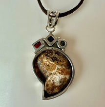 Load image into Gallery viewer, Sterling Ammonite Fossil Amethyst Pearl Carnelian 2.25" Pendant on 22' Brown Suede Cord Necklace
