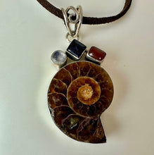Load image into Gallery viewer, Sterling Ammonite Fossil Amethyst Pearl Carnelian 2.25" Pendant on 22' Brown Suede Cord Necklace
