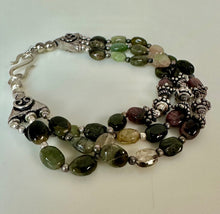 Load image into Gallery viewer, Sterling Pink &amp; Green Tourmaline Beaded Triple Row Bracelet (7.5")
