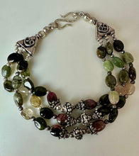 Load image into Gallery viewer, Sterling Pink &amp; Green Tourmaline Beaded Triple Row Bracelet (7.5")
