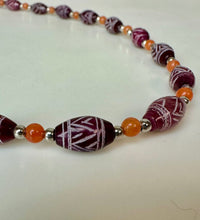 Load image into Gallery viewer, Sterling Carved Burgundy Stone Carnelian Beaded Necklace (23")

