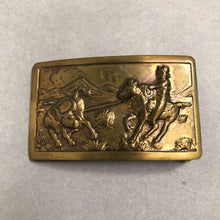 Load image into Gallery viewer, Vintage Western Bronze Belt Buckle Old Style Cowboy Roping a Bull(3")
