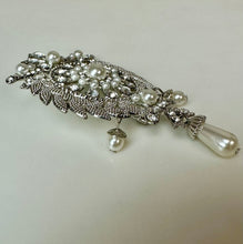 Load image into Gallery viewer, Large Silvertone Rhinestone Faux Pearl Bow Wreath Brooch Pin (3.5")
