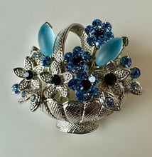 Load image into Gallery viewer, Vintage Silvertone Blue Moonglow Rhinestone Flower Basket Brooch Pin (1.5")
