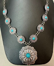Load image into Gallery viewer, Mooncalf Handmade Silvertone Faux Turquoise Concho Necklace (35")

