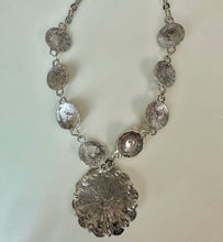 Load image into Gallery viewer, Mooncalf Handmade Silvertone Faux Turquoise Concho Necklace (35")
