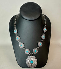 Load image into Gallery viewer, Mooncalf Handmade Silvertone Faux Turquoise Concho Necklace (35")
