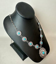 Load image into Gallery viewer, Mooncalf Handmade Silvertone Faux Turquoise Concho Necklace (35")

