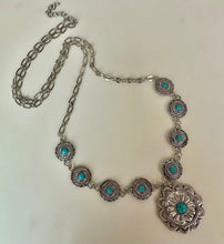 Load image into Gallery viewer, Mooncalf Handmade Silvertone Faux Turquoise Concho Necklace (35")
