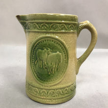 Load image into Gallery viewer, A E Hull Salt-Glazed Stoneware “Grazing Cow” Pitcher - Yelloware w/ Green (8")(As Is)

