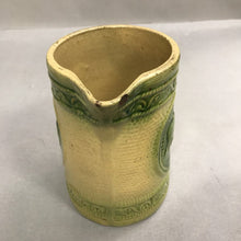 Load image into Gallery viewer, A E Hull Salt-Glazed Stoneware “Grazing Cow” Pitcher - Yelloware w/ Green (8")(As Is)
