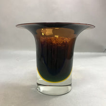 Load image into Gallery viewer, Vintage Amber Art Glass Bowl Vase with Amber Glass Flowers &amp; Confetti (7x8)
