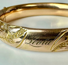 Load image into Gallery viewer, Antique Victorian MS&amp;C Gold Filled Etched Floral Repousse Hinged Bangle Bracelet (7" Inside Circumference)
