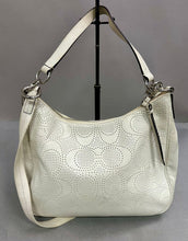 Load image into Gallery viewer, Coach Cream Signature Stripe Perforated Leather Hobo Bag Purse (10x15x5")
