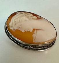 Load image into Gallery viewer, Antique 800 Silver Carved Shell Left Facing Cameo Brooch Pin w/ Pendant Bail (1.5")
