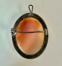 Load image into Gallery viewer, Antique 800 Silver Carved Shell Left Facing Cameo Brooch Pin w/ Pendant Bail (1.5")
