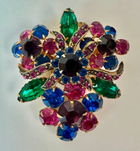 Load image into Gallery viewer, Vintage Jewel Tone Rhinestone Floral Ribbon Brooch Pin (2.25")
