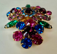 Load image into Gallery viewer, Vintage Jewel Tone Rhinestone Floral Ribbon Brooch Pin (2.25")

