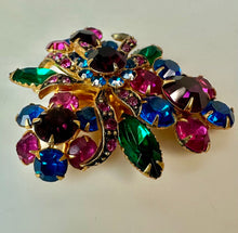 Load image into Gallery viewer, Vintage Jewel Tone Rhinestone Floral Ribbon Brooch Pin (2.25")
