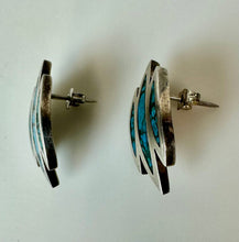 Load image into Gallery viewer, Vintage Taxco Mexico Double Leaf Sterling Turquoise Chip Inlay 1" Stud Earrings
