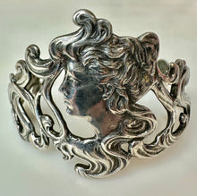 Load image into Gallery viewer, Vintage Art Nouveau Sterling Figural Woman Flourish Cuff Bracelet (34.2g)
