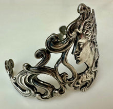 Load image into Gallery viewer, Vintage Art Nouveau Sterling Figural Woman Flourish Cuff Bracelet (34.2g)
