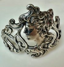 Load image into Gallery viewer, Vintage Art Nouveau Sterling Figural Woman Flourish Cuff Bracelet (34.2g)
