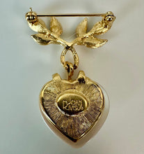 Load image into Gallery viewer, Vintage Joan Rivers Faux Puffy Pearl Heart Leafy Dangle Brooch Pin (1.75")
