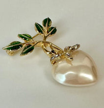 Load image into Gallery viewer, Vintage Joan Rivers Faux Puffy Pearl Heart Leafy Dangle Brooch Pin (1.75")
