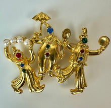 Load image into Gallery viewer, Vintage Jonette Goldtone Rhinestone Faux Pearl Clowns Brooch Pin (2.75")
