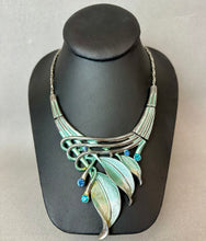 Load image into Gallery viewer, Pammy J Teal Enameled Rhinestone Accent Silvertone Leafy Statement Necklace &amp; Earrings Set (18")
