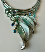 Load image into Gallery viewer, Pammy J Teal Enameled Rhinestone Accent Silvertone Leafy Statement Necklace &amp; Earrings Set (18")
