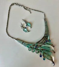 Load image into Gallery viewer, Pammy J Teal Enameled Rhinestone Accent Silvertone Leafy Statement Necklace &amp; Earrings Set (18")
