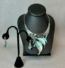 Load image into Gallery viewer, Pammy J Teal Enameled Rhinestone Accent Silvertone Leafy Statement Necklace &amp; Earrings Set (18")
