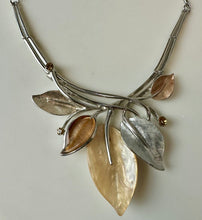 Load image into Gallery viewer, Pammy J Tan Enameled Resin Rhinestone Accent Silvertone Leafy Statement Necklace &amp; Earrings Set (19")
