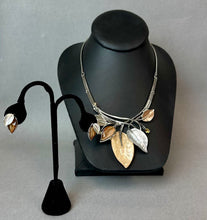 Load image into Gallery viewer, Pammy J Tan Enameled Resin Rhinestone Accent Silvertone Leafy Statement Necklace &amp; Earrings Set (19")
