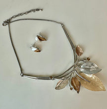 Load image into Gallery viewer, Pammy J Tan Enameled Resin Rhinestone Accent Silvertone Leafy Statement Necklace &amp; Earrings Set (19")
