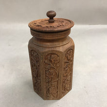 Load image into Gallery viewer, 1970s Hand Carved Wooden Canister Floral Storage Lidded Jar 6" India
