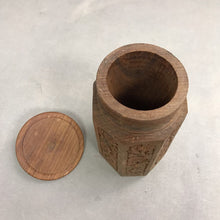 Load image into Gallery viewer, 1970s Hand Carved Wooden Canister Floral Storage Lidded Jar 6" India
