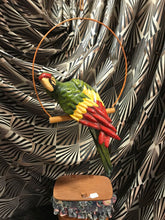 Load image into Gallery viewer, Paper Mache Parrot On Hanging Perch 20" Long Green Yellow Vintage Sculpture
