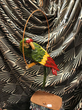 Load image into Gallery viewer, Paper Mache Parrot On Hanging Perch 20" Long Green Yellow Vintage Sculpture
