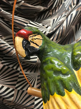 Load image into Gallery viewer, Paper Mache Parrot On Hanging Perch 20" Long Green Yellow Vintage Sculpture
