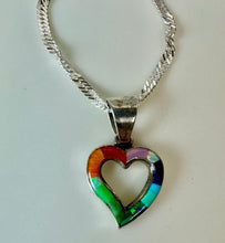 Load image into Gallery viewer, Sterling Multi-Stone Inlay Heart Pendant on 16" Singapore Chain Necklace (Signed)
