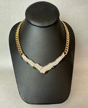 Load image into Gallery viewer, Vintage Goldtone Chunky Chain Clear &amp; Jeweltone Rhinestone V Necklace (16")
